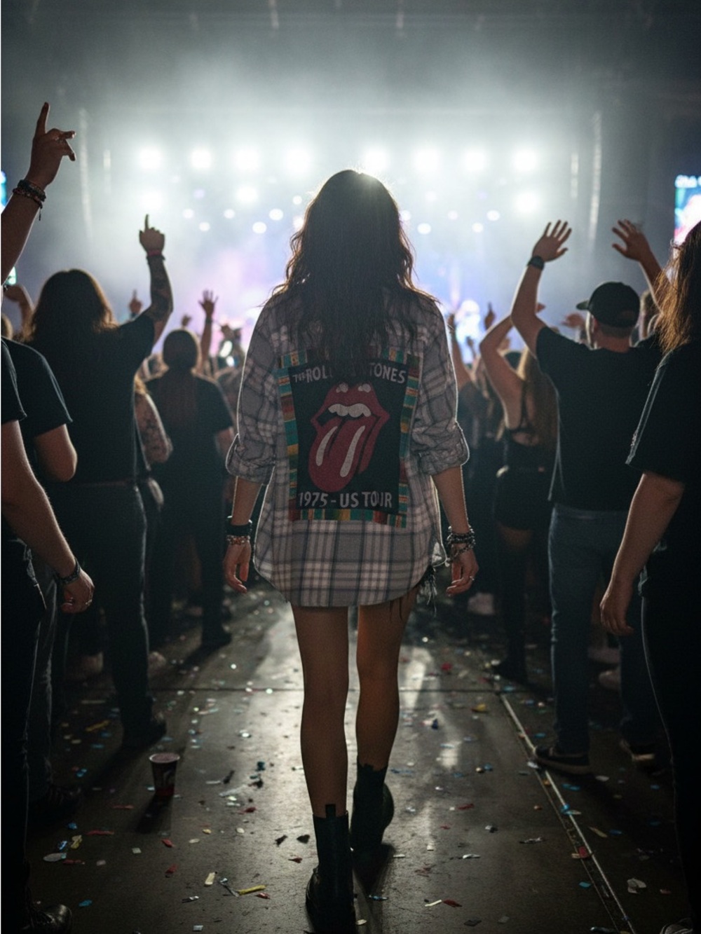 Rethread Rolling Stones Plaid Shacket with Red Tongue Graphic